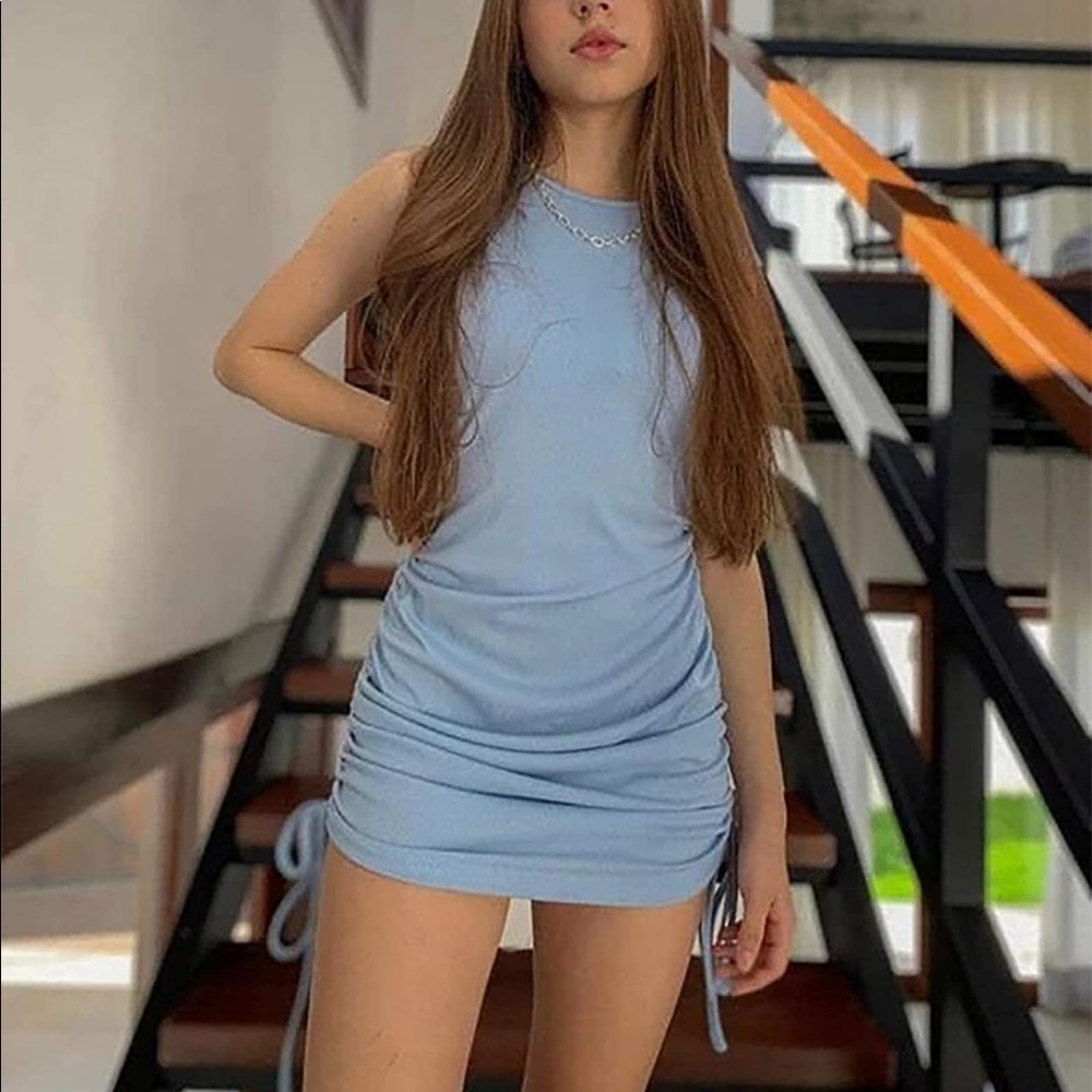 Blue Ribbed Drawstring Bodycon Dress - Like New!